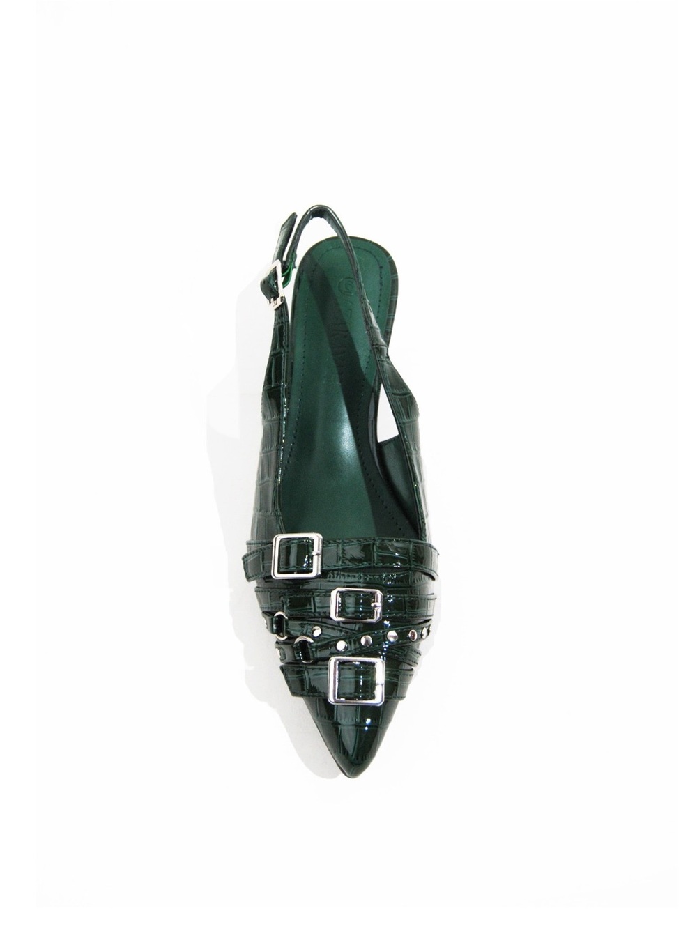 Green Croc-Embossed Triple-Buckle Slingback Kitten Heel Pump - Picture 2 of 2